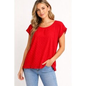 Umgee Red Textured Short Sleeve Blouse Women's S Ruffle Trim Boho Top Polka Dot
